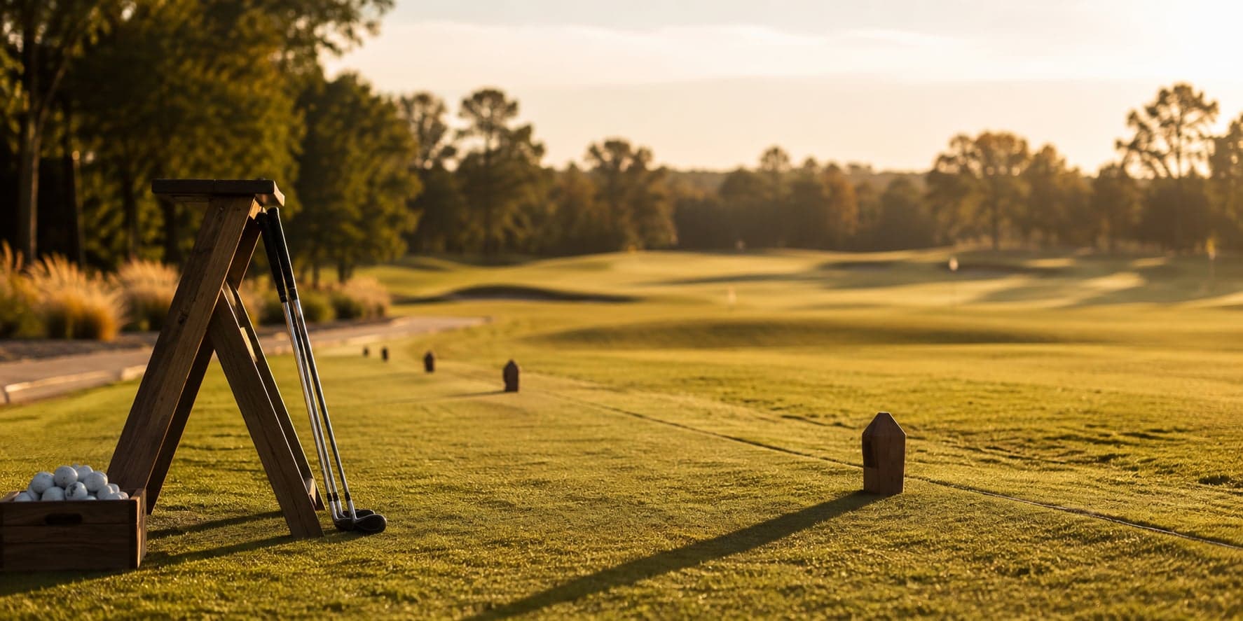 A golf driving range at golden hour